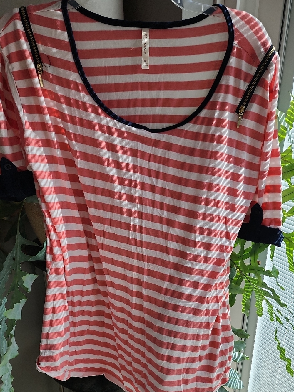 DNA couture Pink and White Striped Scoop Neck Top with Navy Trim